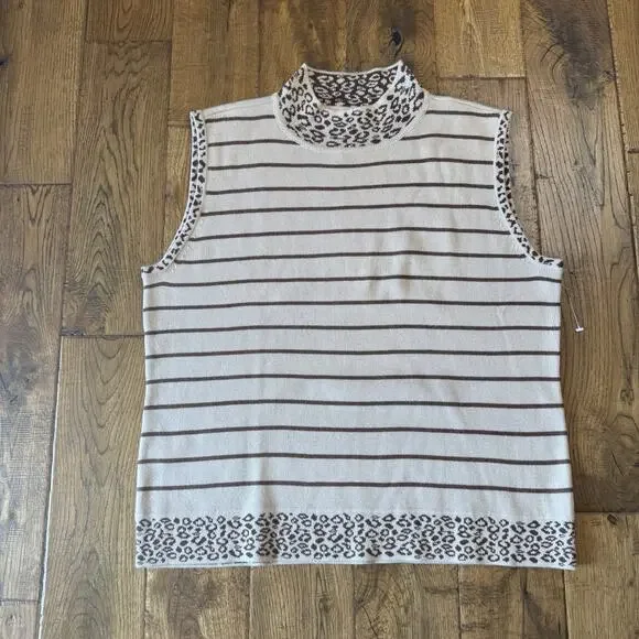 VTG 90s Goodclothes 3 pc Cardigan And Tank Cream Brown Leopard Stripe Set Sz XL - Picture 12 of 14